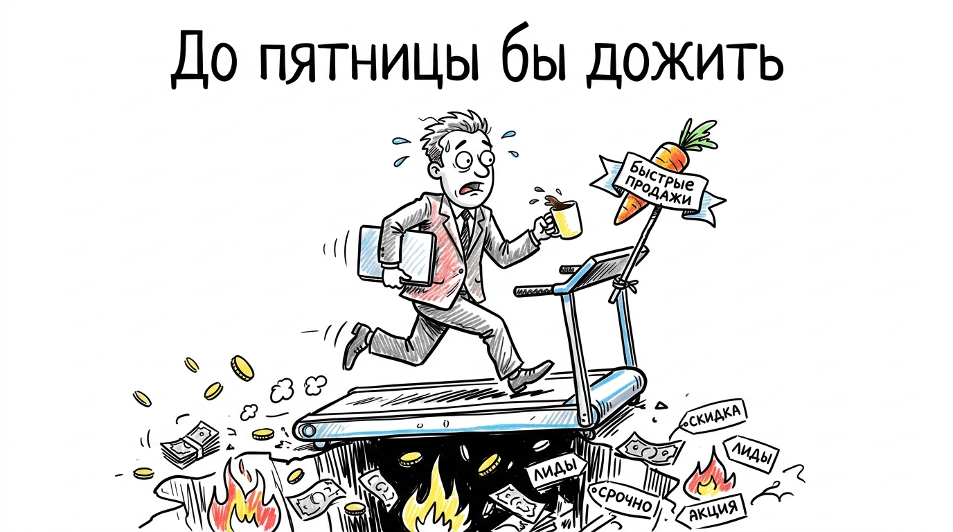 Illustration d'une entreprise sans stratégie : un entrepreneur court après des ventes rapides au-dessus d'un gouffre, métaphore d'un horizon de planification court et d'un marketing tactique.